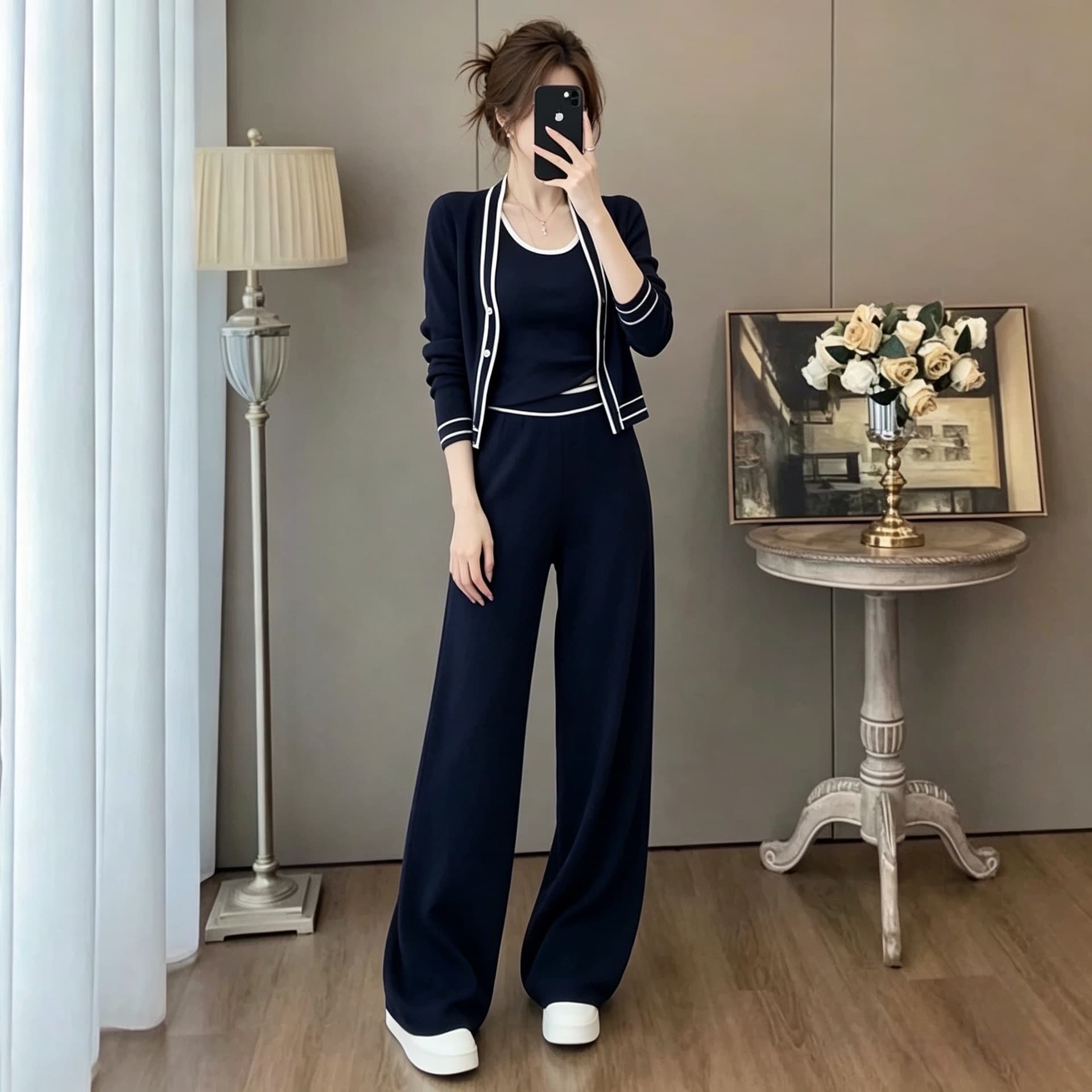 29494 Korean Style Outfit Set Spring Autumn New Salted Casual Elegant Commute Top Camisole Pants 3-Piece Set