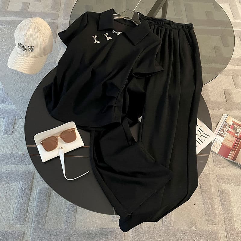 Women's Sportswear Set Summer New Fashionable Stylish Button-Front Cinched Waist Short Sleeve Top Wide Leg Pants Casual Two-Piece Set Trendy