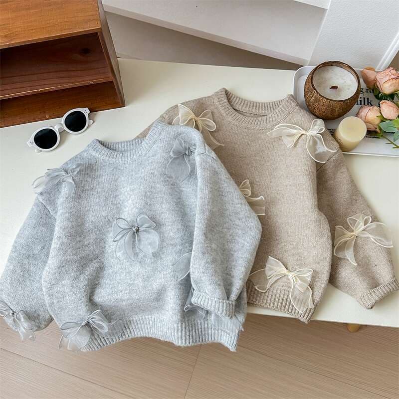 Korean Children's Clothing Girls Sweater 2025 Autumn New Stylish Girls Korean Style Fashion Kids Bow Knit Top