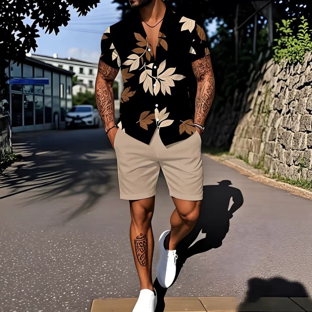 Cross-border Simple Tropical Leaf Print Shirt and Shorts Set, Casual Vacation Loose Cuban Collar Shirt Set