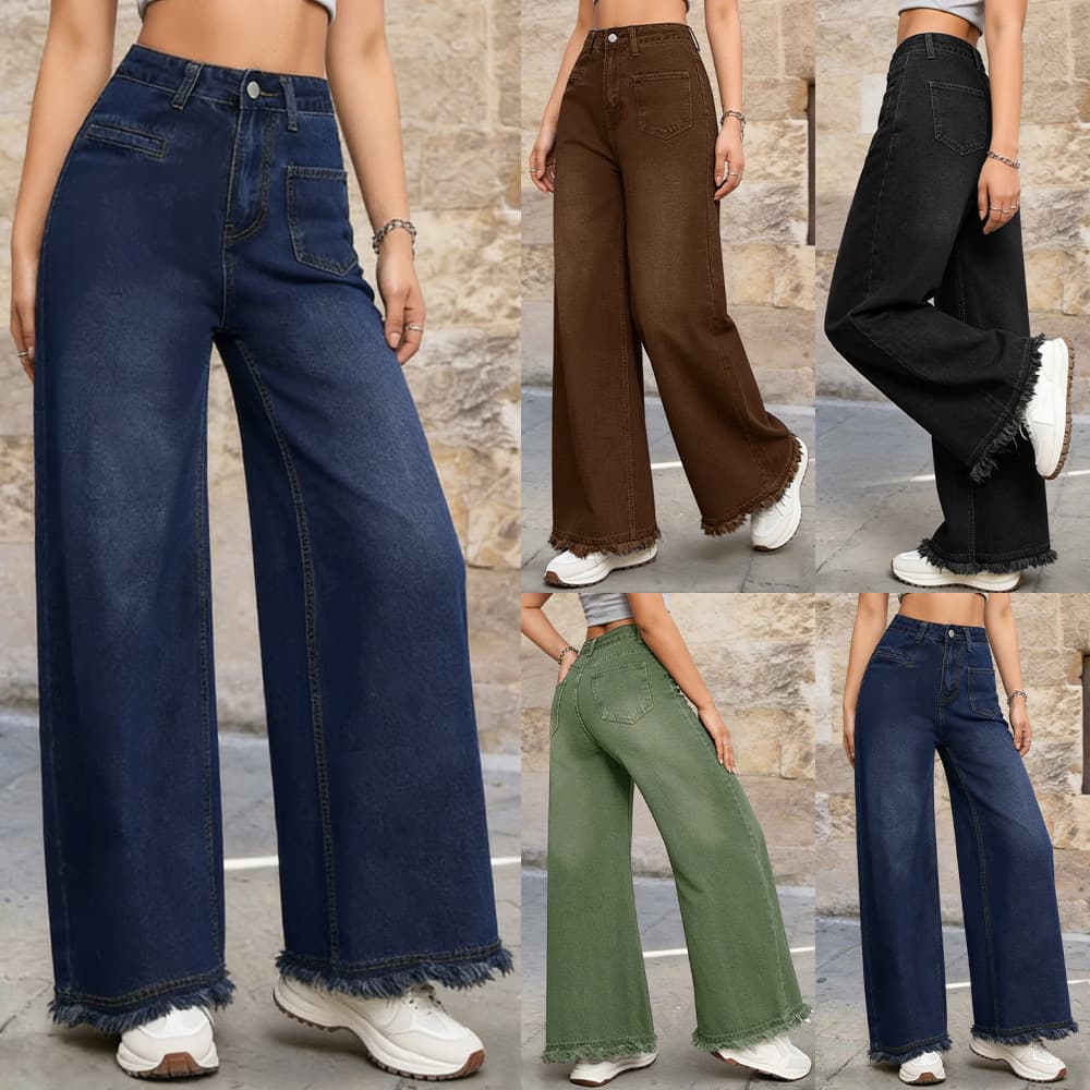 2026 New Retro Washed Distressed Wide-Leg Jeans High-Waist Loose Fit Floor-Length Pants for Women