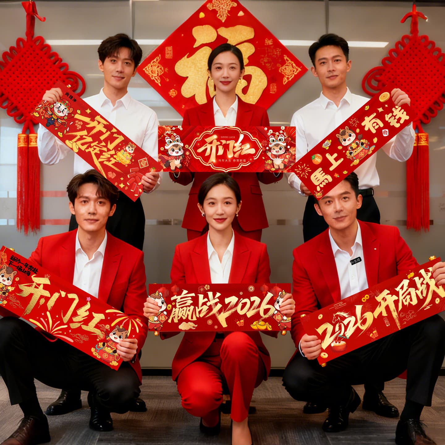 2026 company annual meeting opening red atmosphere decorations, scene setup, New Year's Day handheld banners, photo props.