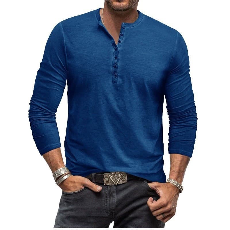 Amazon Men's Tie-Dye Henry Shirt Retro Long Sleeve T-Shirt Export Button Washed Distressed V-Neck T-Shirt