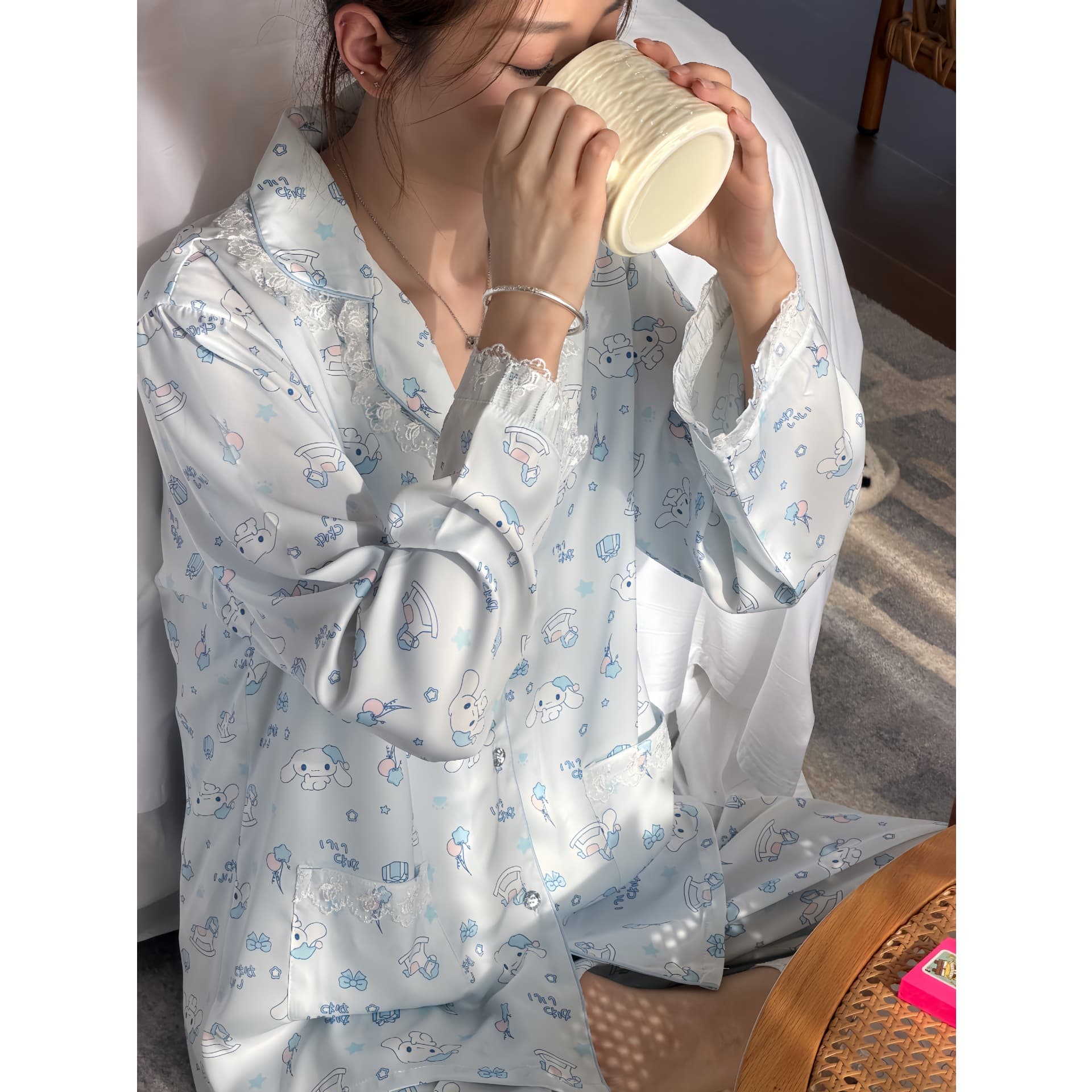 Women's Summer Ice Silk Pajamas Loungewear Live Streaming Hot Selling Sweet Cute 4-Piece Set Pajamas for Women
