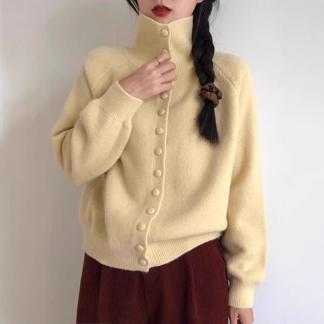 High-Neck Knit Cardigan Women's 2026 Fall/Winter New Arrival Retro Korean Lazy Style Premium Loose Sweater Coat