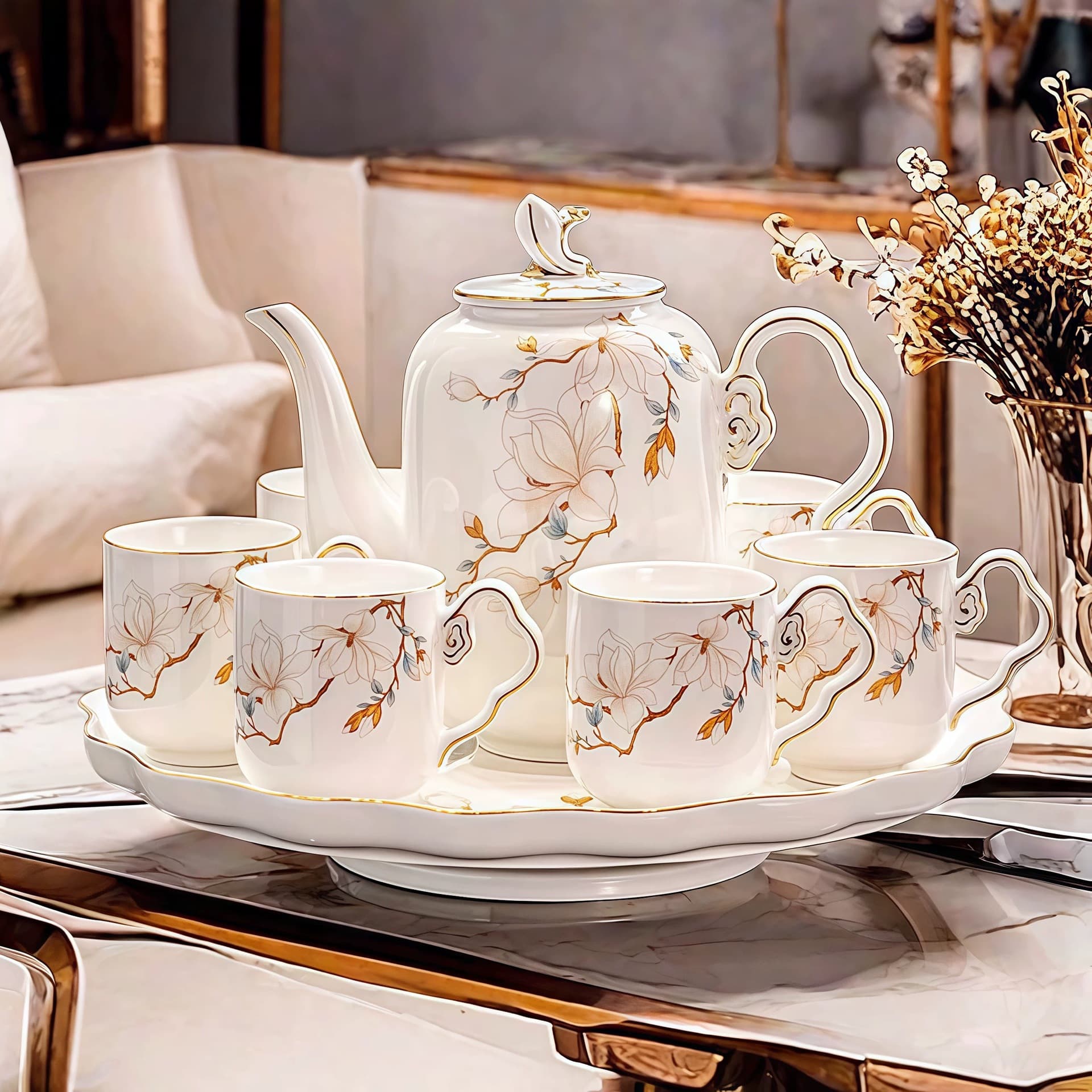 New Chinese Style Magnolia Water Cup Set, Light Luxury Tea Set, Heat-Resistant Ceramic Teapot, Home Use, National Style Source Factory