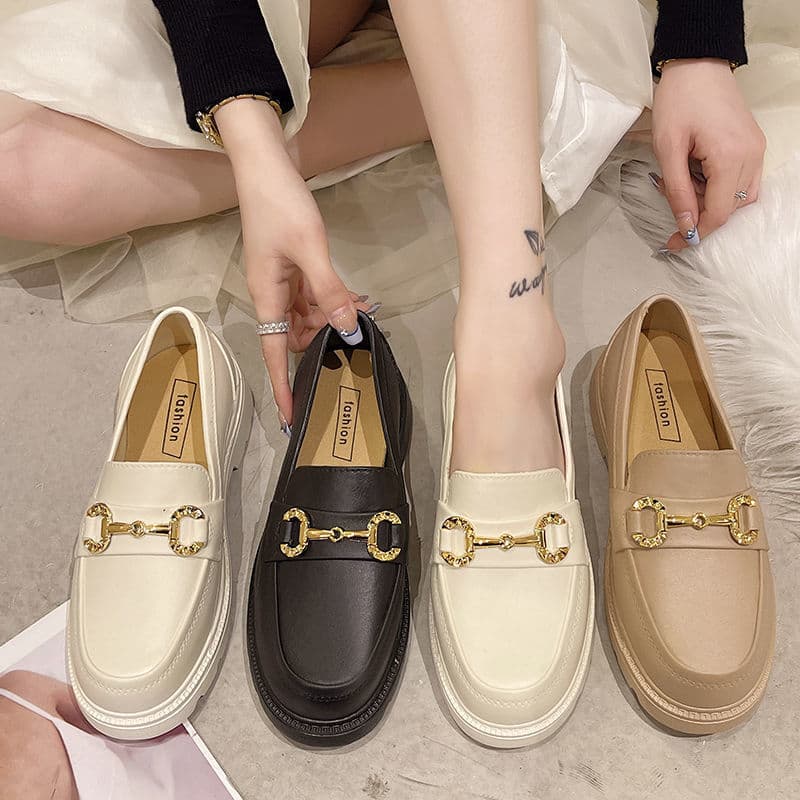 Loafers for women spring and autumn British style retro ins small gold buckle round toe slip-on thick-soled lazy shoes trend