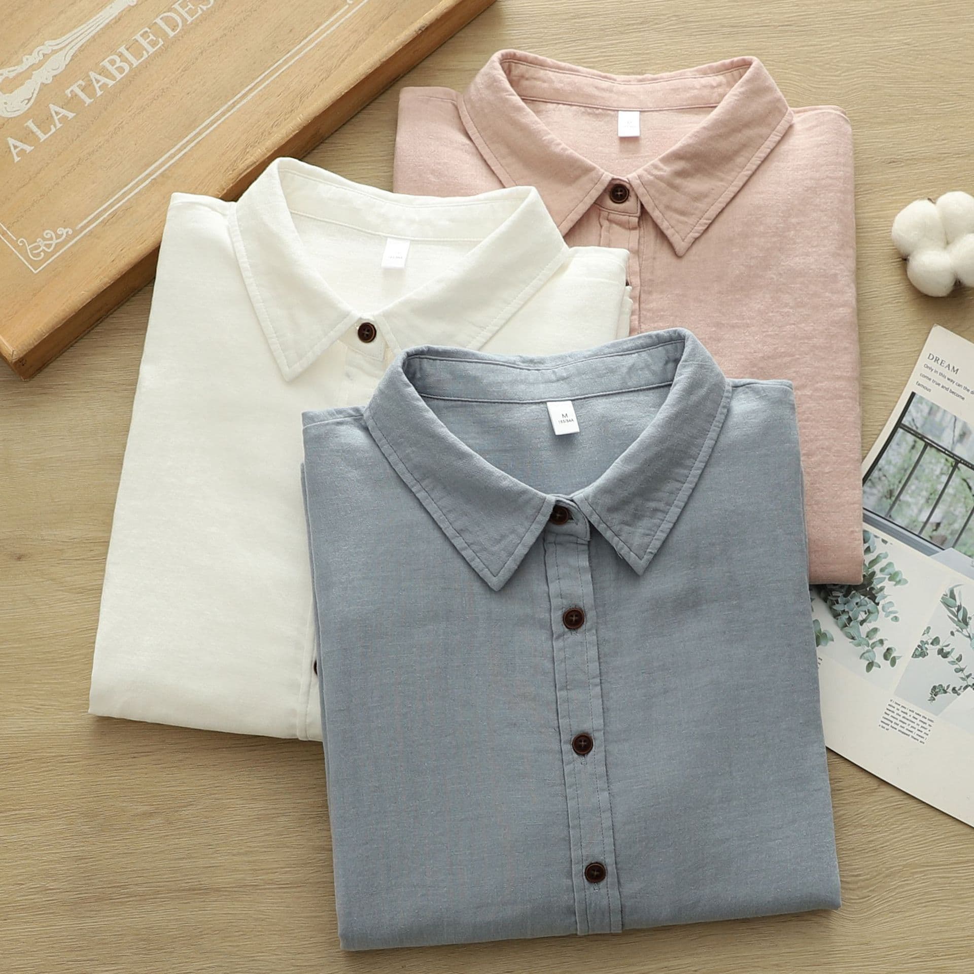 Factory direct sales pure cotton point collar love embroidered women's shirt literary and casual double-layer gauze cotton women's shirt
