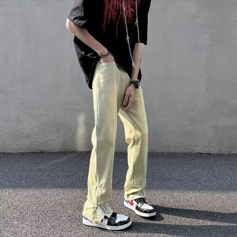 Yellow mud dyed jeans men's American high street washed distressed jeans leg zipper slit straight leg jeans wholesale
