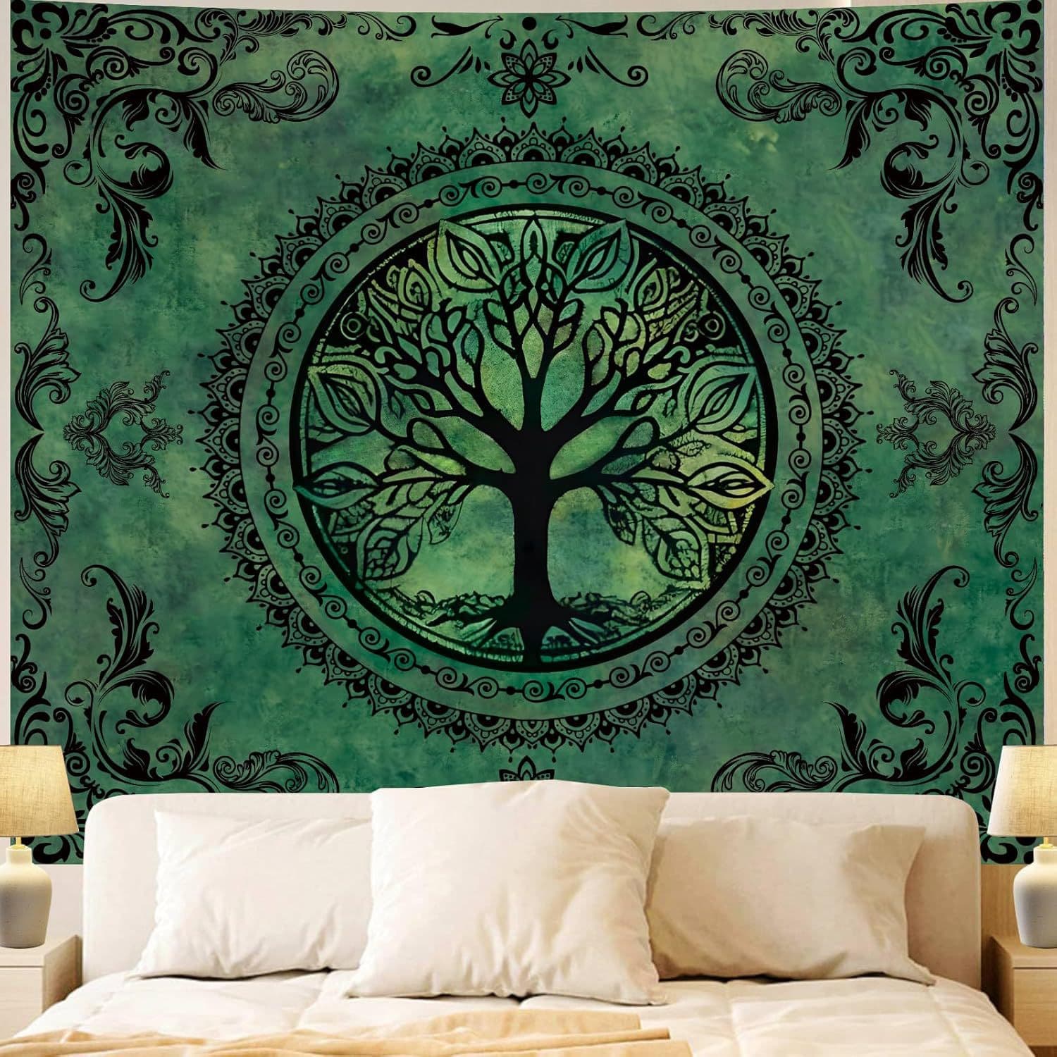 Green Nature Tapestry Bedroom Aesthetics, Hippie Tree of Life Decorative Tapestry Wall Hanging, Bohemian Manda