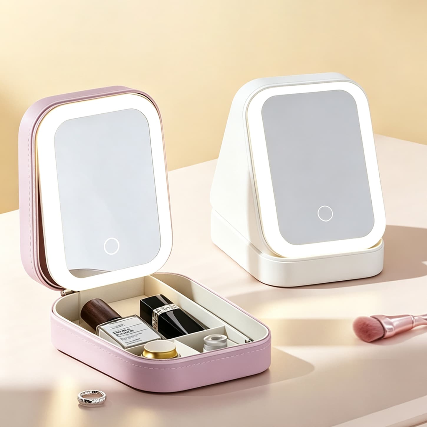 Multifunctional LED Light Mirror Makeup Box Foldable Integrated Jewelry Box 3-Color Adjustable Lighting Desktop Organizer