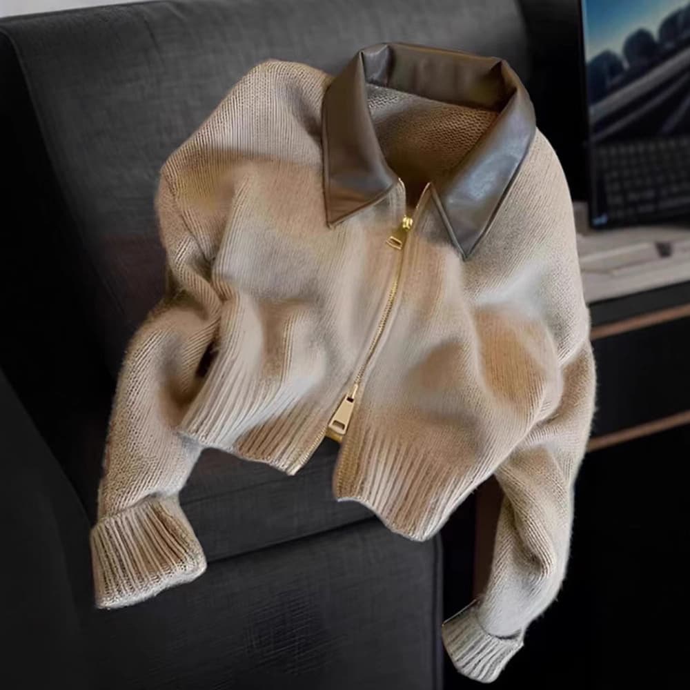 Brown Premium Faux Leather Polo Neck Knitted Cardigan for Women, Soft and Cozy Double-Zip Sweater Short Jacket A8126