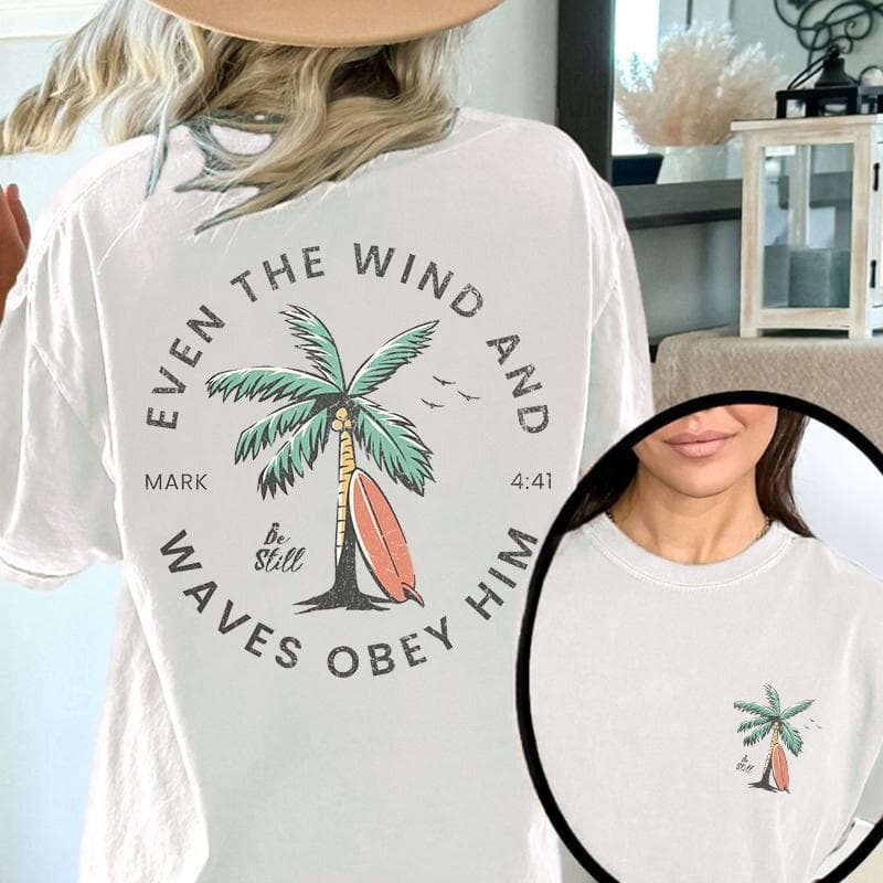 Christian Bible Verse Pattern T-Shirt, Beachy Backprint Tops