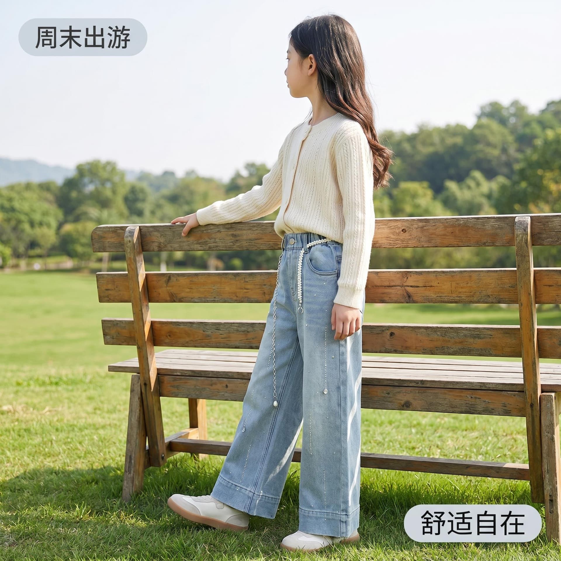 Girls' Sequin Wide-Leg Jeans Spring Fall New Loose Flowy Straight-Leg Pants for Older Kids Stylish Outdoor Wear Long Pants