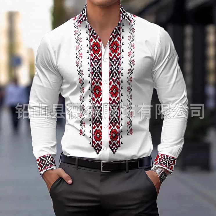 European and American new men's long-sleeved shirts cross-border printing men's shirts ethnic style lapel buttons casual