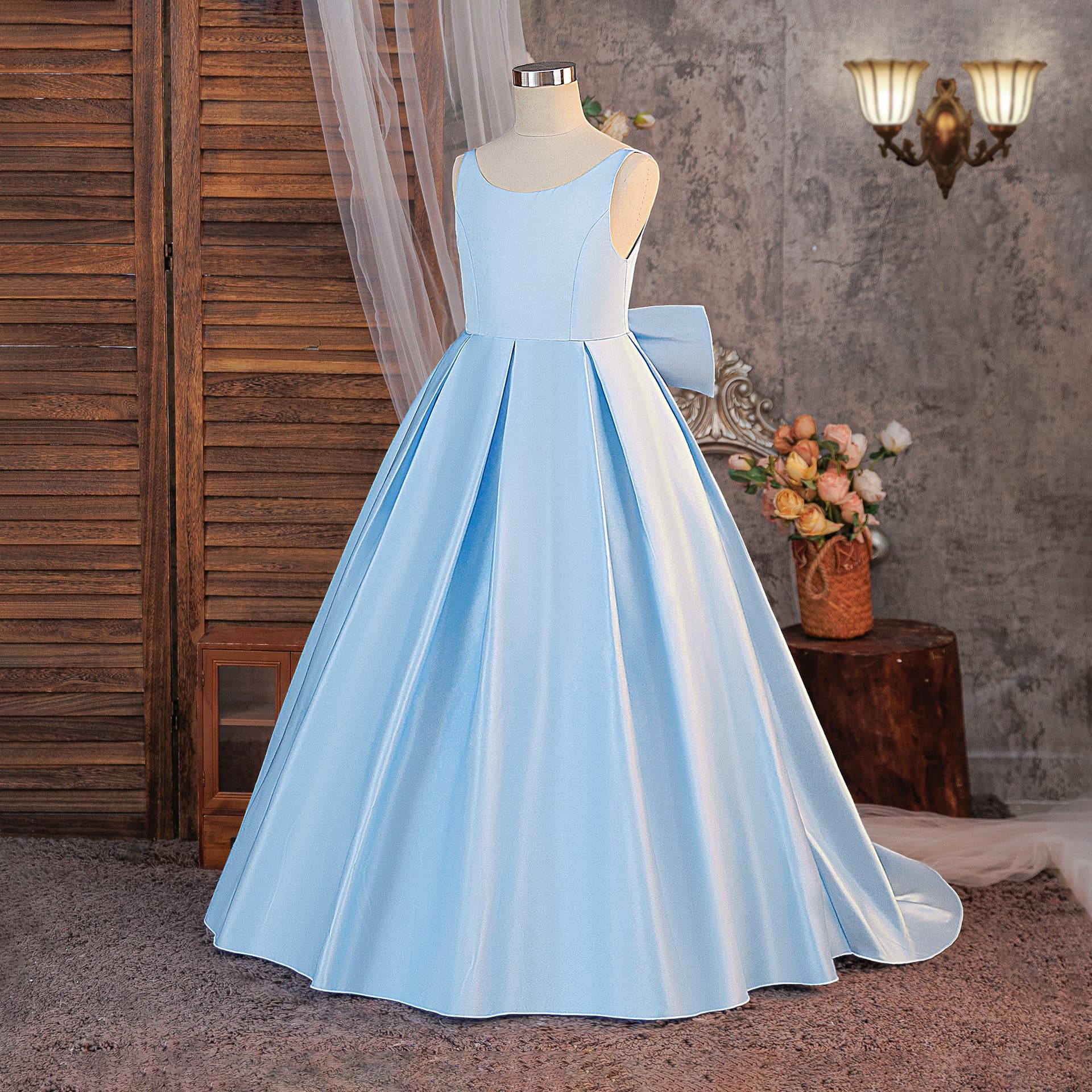Cross-border Girls' Evening Gown Formal Dress Midsize & Large Satin Princess Dress Hosting Catwalk Violin Banquet Performance Long Dress