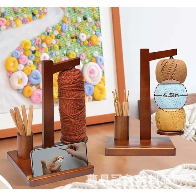 Wooden Yarn Spool Rotating Stand Multifunctional with Phone Holder Hand Knitting Crochet Yarn Holder Yarn Dispenser