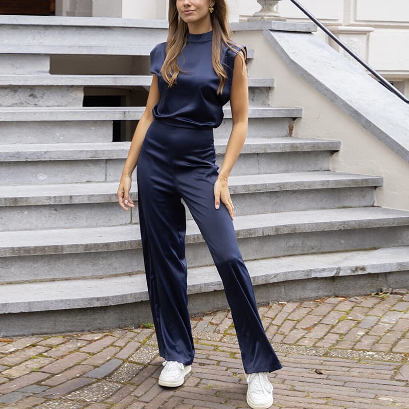 European and American Cross-Border 2026 Summer Backless Evening Gown Jumpsuit Solid Color Fashion Satin Casual Wide-Leg Jumpsuit