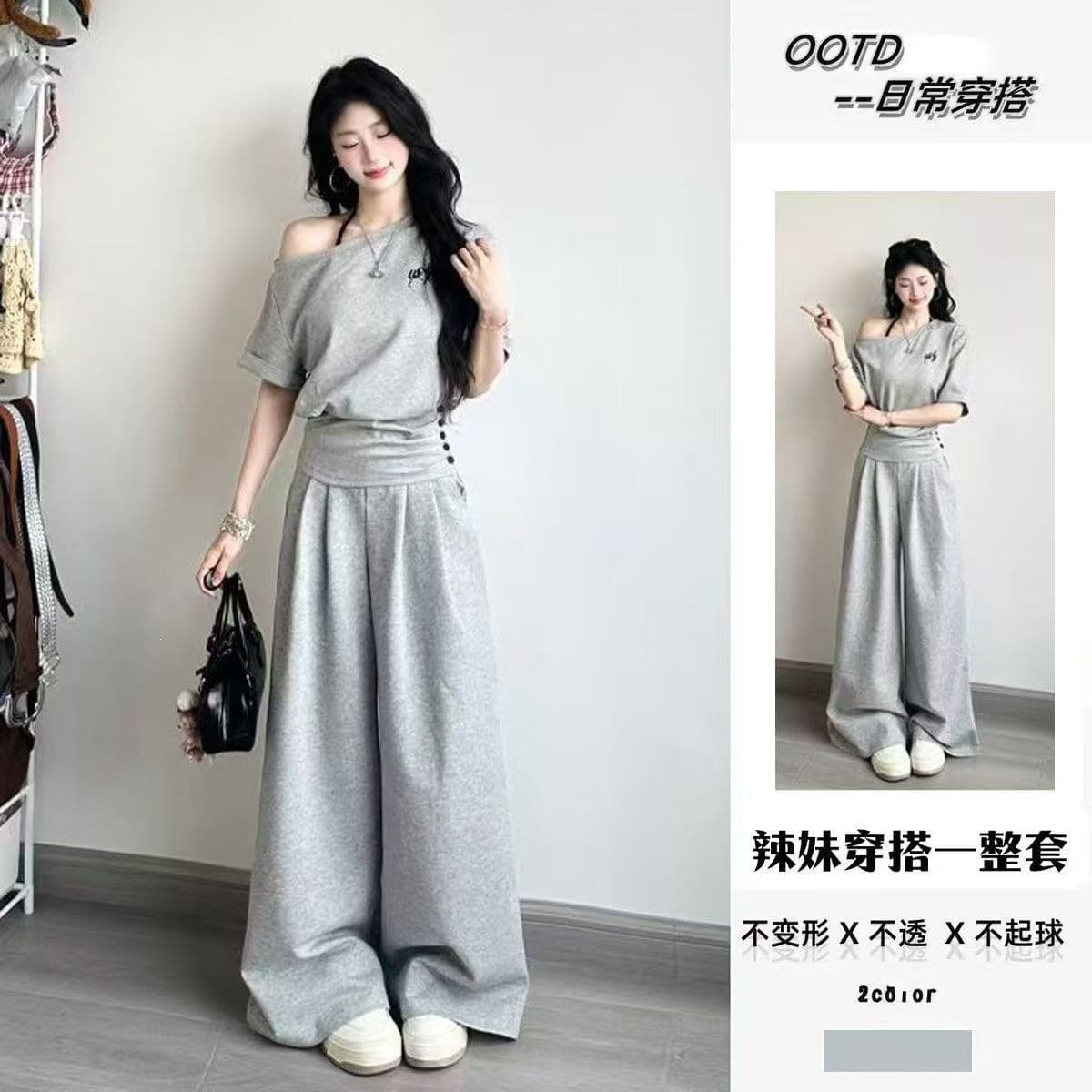 2026 Summer Korean Casual Sportswear Set for Women Short Cropped Waist Diagonal Shoulder Top High Waist Wide Leg Pants Two-Piece