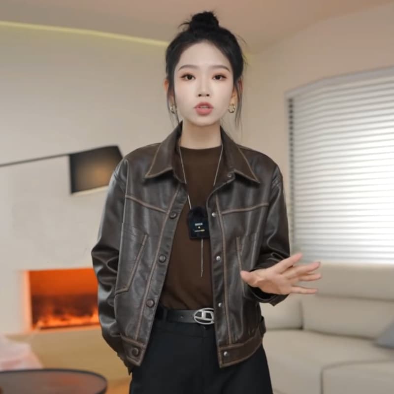 909# Custom Vintage Style PU Leather Motorcycle Jacket for Women, Retro Hong Kong Style, Short Collar, Youthful Leather Top