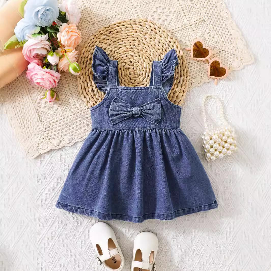 Children's Summer Girls Baby Spaghetti Strap Washed Denim Bow Dress