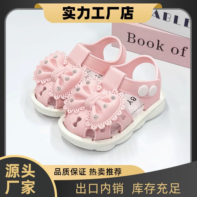 Wholesale Cross-Border Supply Rhinestone Bow Baby Girl Anti-Slip Closed-Toe First Walker Shoes Little Princess Sandals