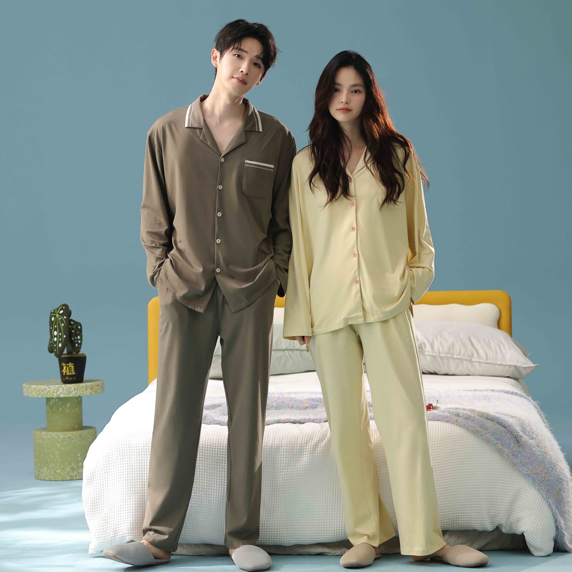 [Antibacterial Xinjiang Cotton] Autumn Couple Pajamas Pure Cotton Long Sleeve Women’s Solid Color Home Clothes Men’s Casual Suit
