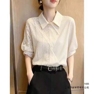 Old Money Style Lace Hollow Out Spliced Short Sleeve Shirt Women 2026 New Summer Stylish Blouse Top