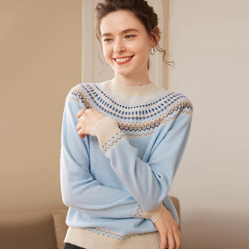 Stunningly crowded, autumn and winter Fair Isle literary retro cashmere women's cashmere sweater half turtleneck jacquard cashmere sweater
