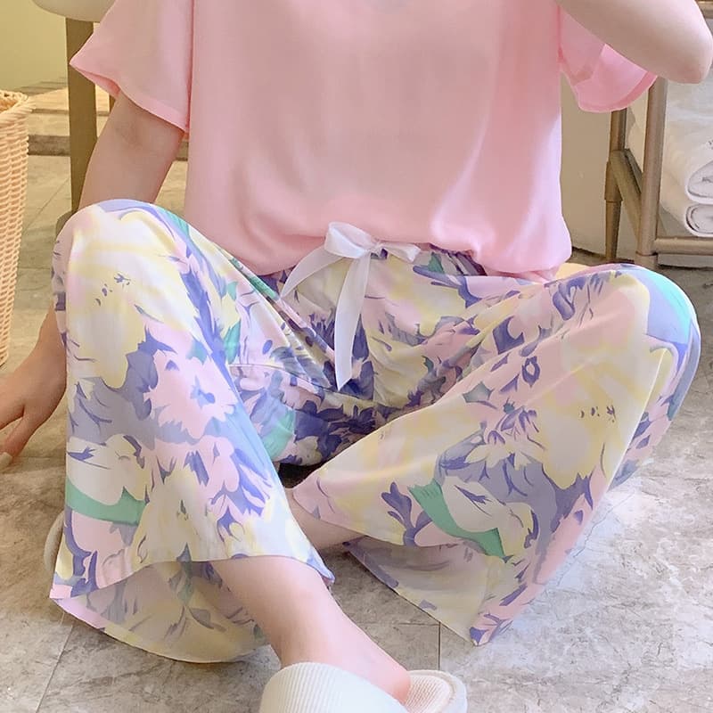 Women's Cotton Sleep Pants Summer Thin Floral Japanese Style Wide Leg Pants Artificial Cotton Daisy Single Layer Pants Wearable Outside