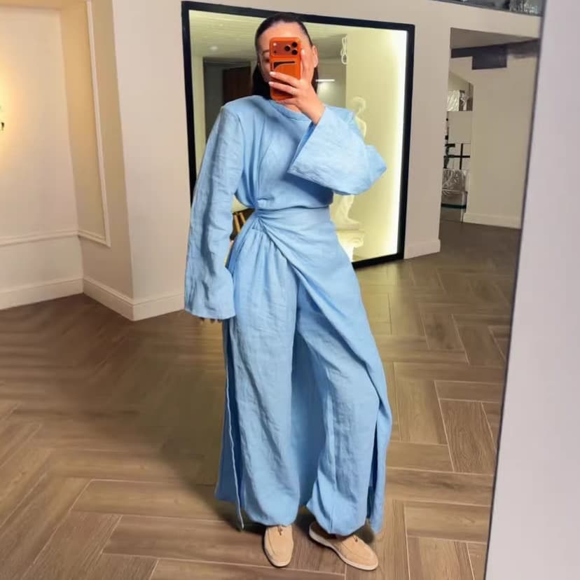 2026 Autumn New European and American Women's Clothing Round Neck Long Sleeve Lace Up Slit Top Lazy Loose Wide Leg Pants Two-piece Set