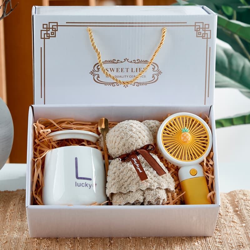 Cute Cup Gift Set Ceramic Water Cup with Lid Spoon Gift Practical Gift Box for Clients Mug Logo