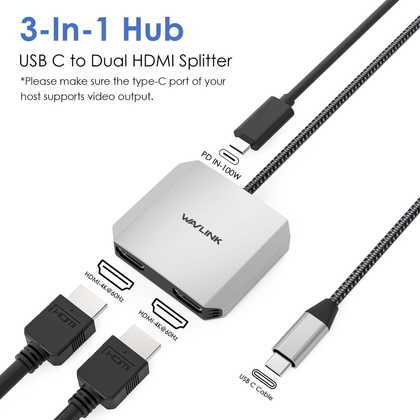 WAVLINK 3-in-1 HDMI Adapter USB-C Hub to Dual HDMI 4K@60Hz