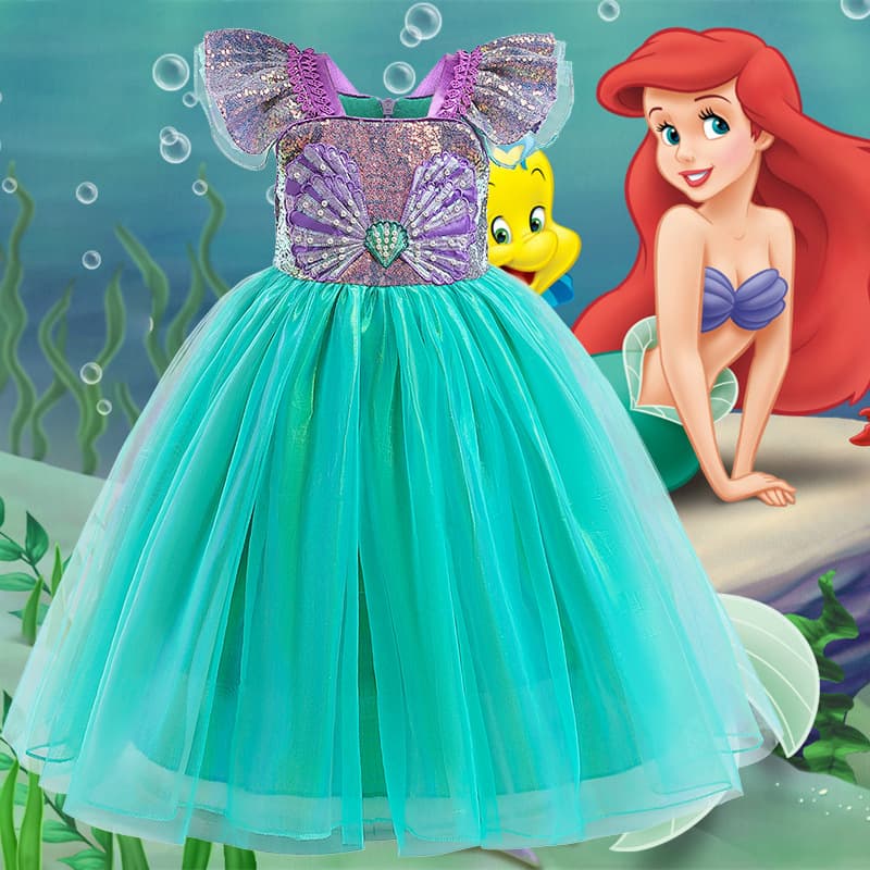 New cosplay for foreign trade girls, mermaid sequin flutter-sleeve dress, children's princess dress, performance dress
