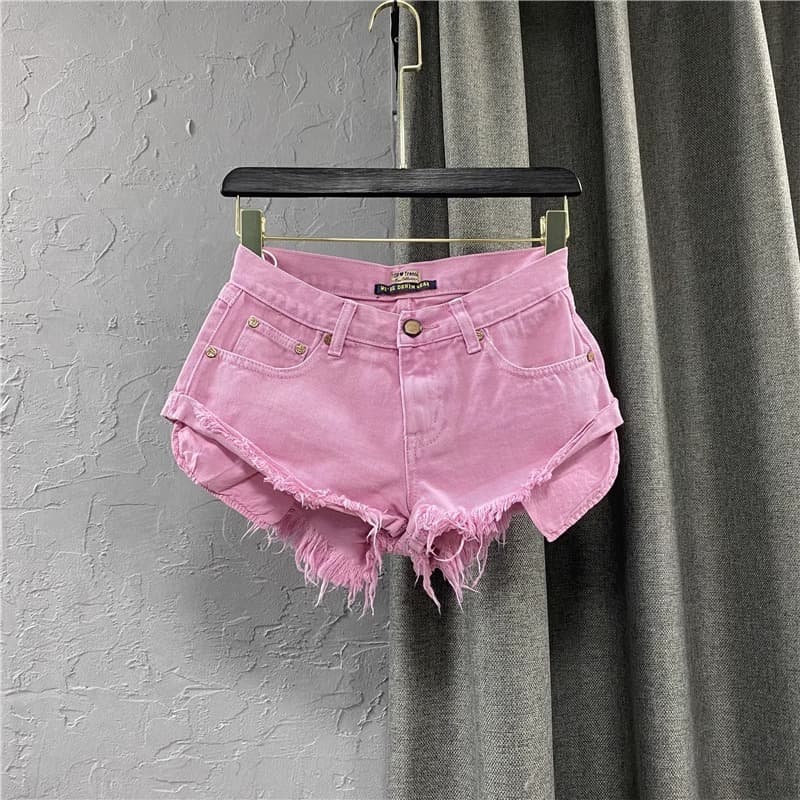 2026 new women's Korean style personalized low-waist pink denim shorts personalized exposed pockets wide-leg hot pants A-line pants