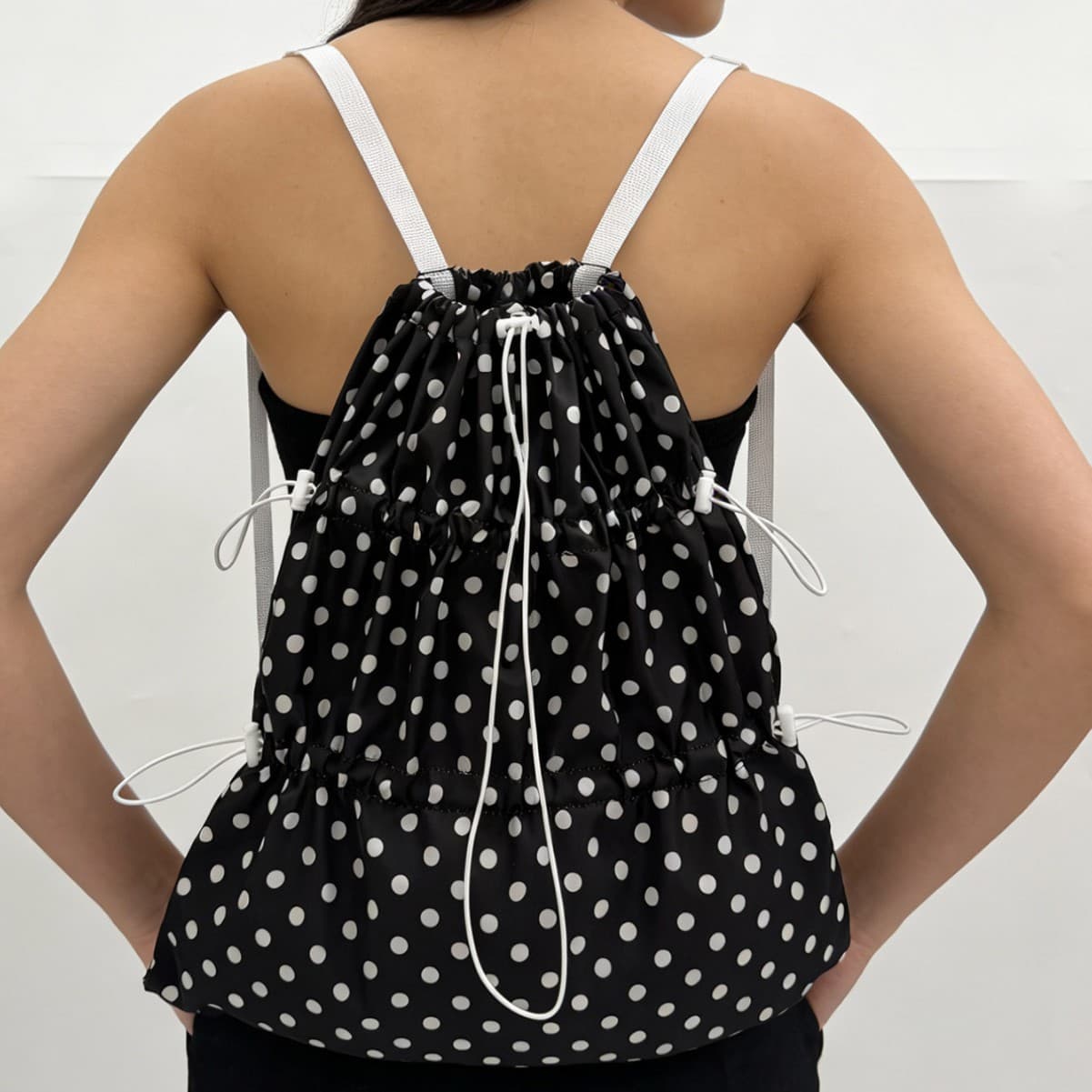 New Korean Drawstring Backpack with Polka Dot Print, Pleated Drawstring Bag, Large Capacity Simple Backpack