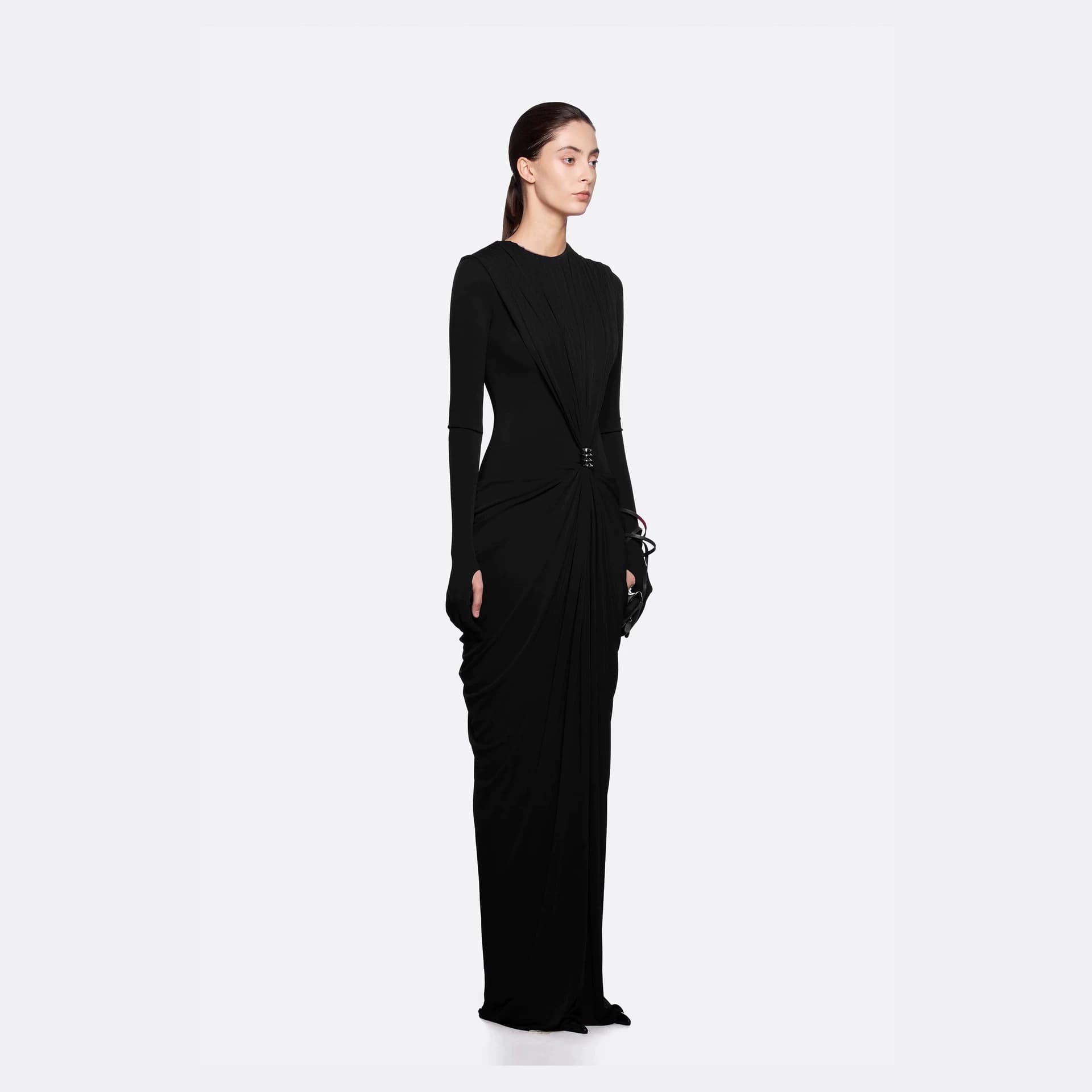 European and American Elegant Style 2026 Autumn New Ruched Slim Fit Flattering Versatile Solid Color Dress for Women