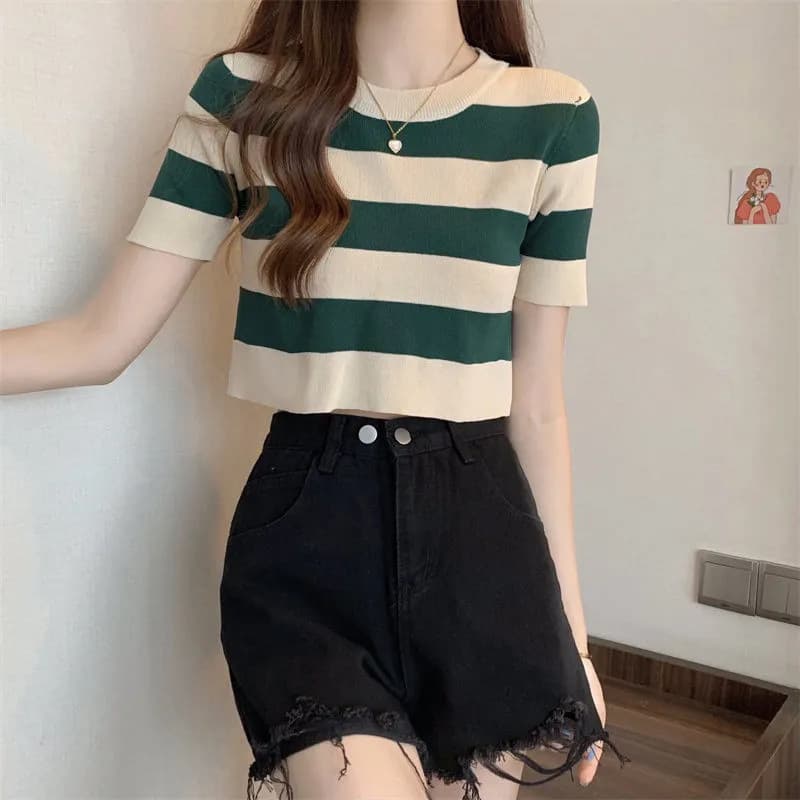 Korean Classic Contrast Stripe Short Sleeve Ice Silk Knit Top for Women Summer T-Shirt Short Fitted Versatile Blouse