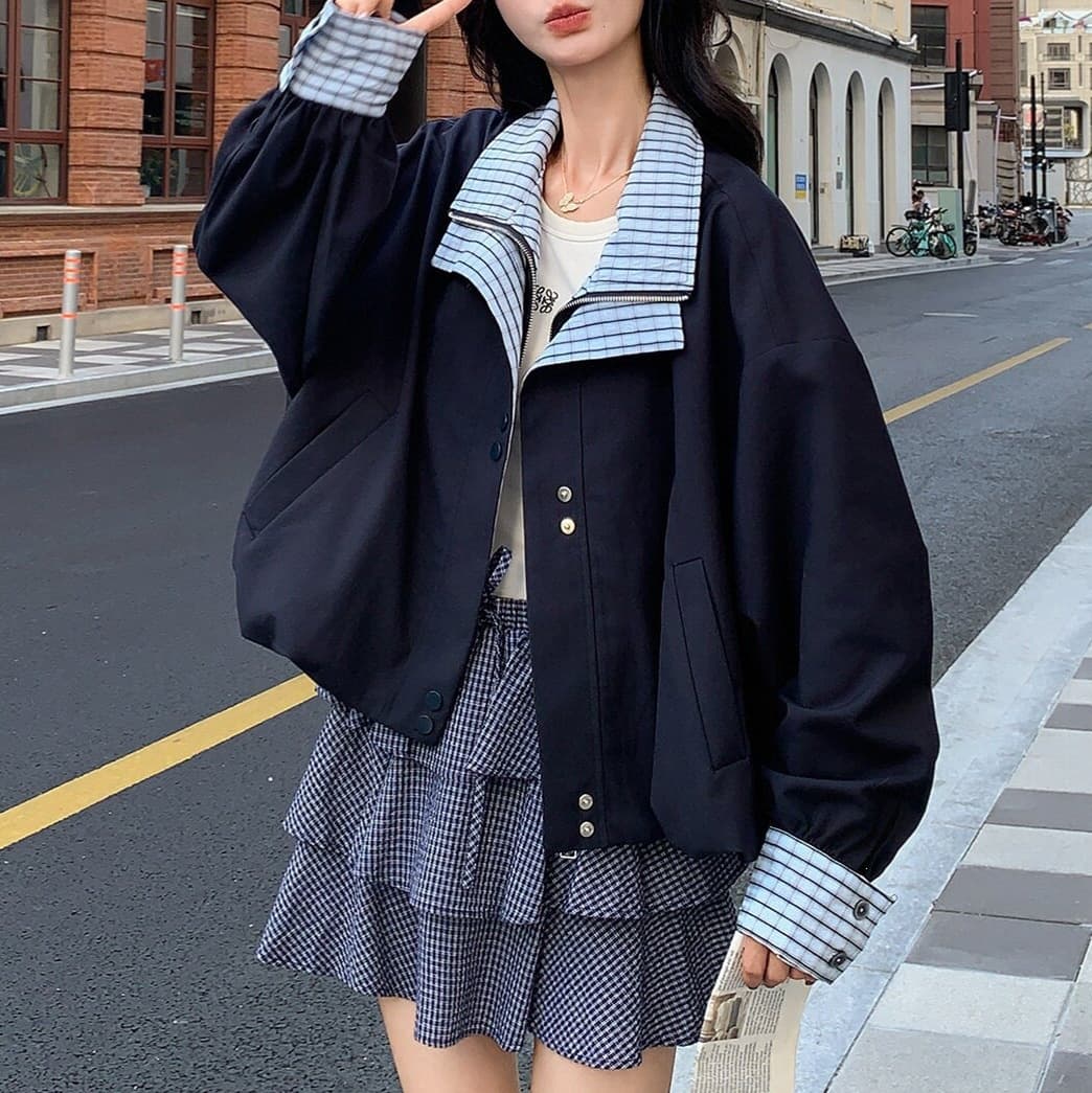 American Retro Casual Navy Blue Short Jacket for Women, Spring/Autumn Unique Layered Look Loose Workwear Jacket Top