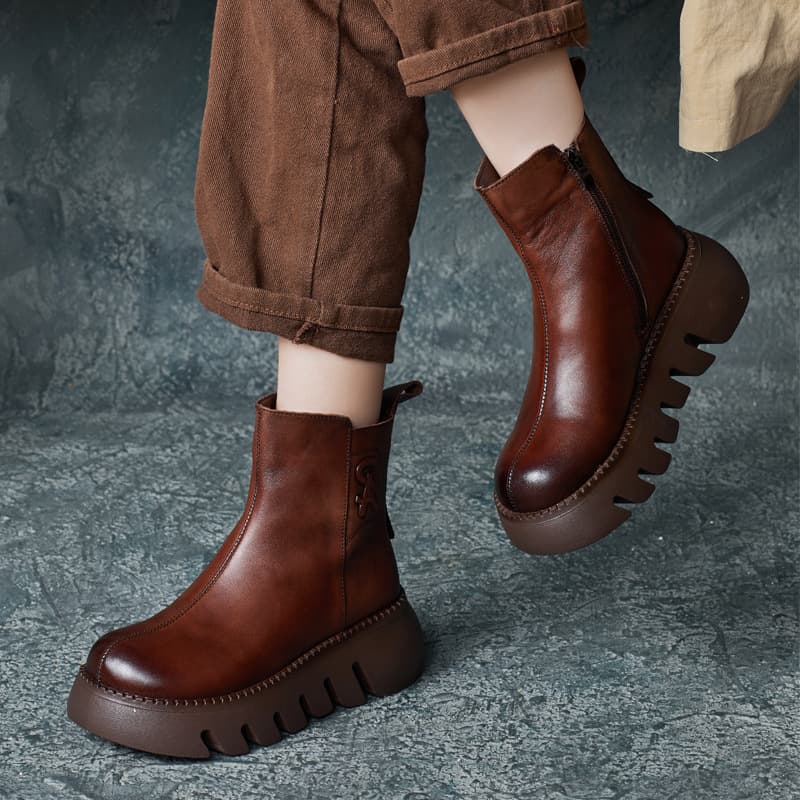 2025 Autumn/Winter New Handmade Cowhide British Round Toe Short Boots Side Zipper Thick Sole Martin Boots Wedge Heel Women's Boots