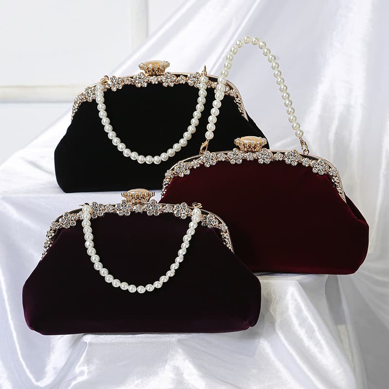 New cross-border velvet pearl handbag, retro elegant diamond clutch bag, cheongsam dress, evening bag, crossbody bag