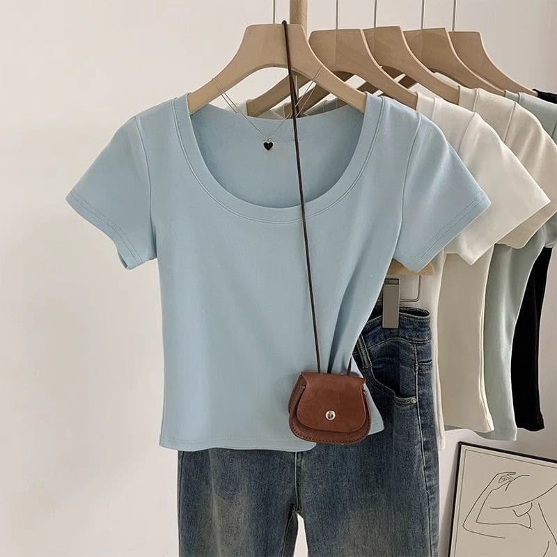 92% Cotton Milk Blue Square Shoulder U-Neck Short Sleeve T-Shirt for Women 2026 Summer Slim Fit Sexy Cropped Top Trendy