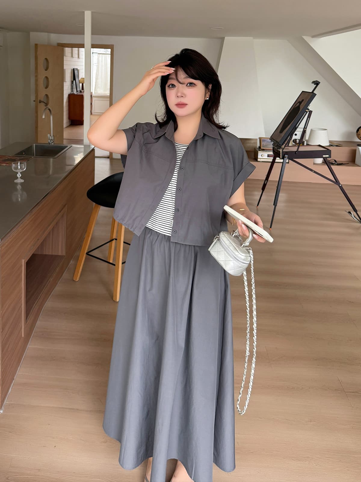 k3313 Plus Size Women's Casual Sportswear Set Striped Shirt Faux Two-Piece Long Skirt Set for Curvy Women