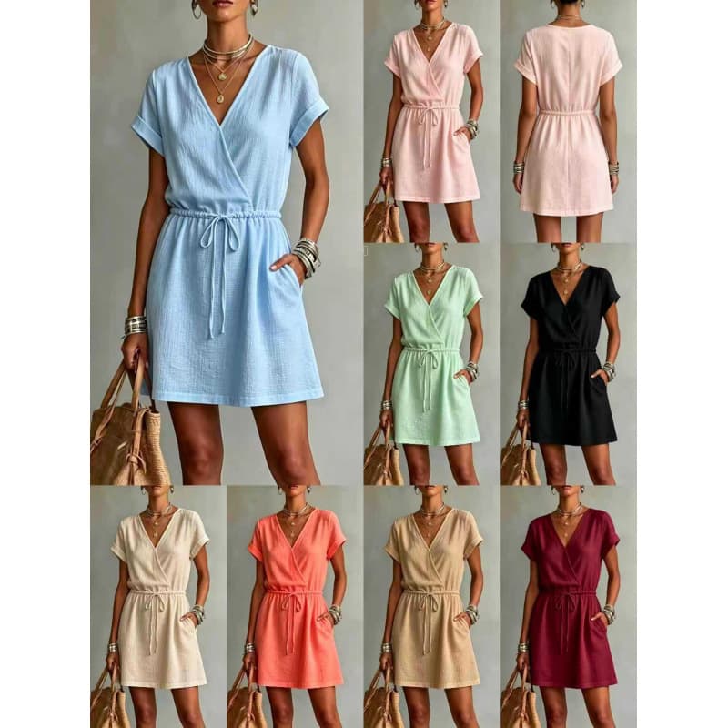 Popular European and American Style Cross V-Neck Drawstring Waist Dress, Textured Cotton Fabric, Rolled Sleeves, Pocket Short Dress, Women's Summer Fashion