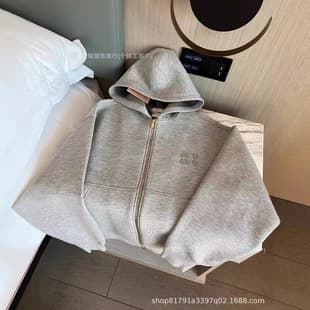 In Stock High Quality 24 Autumn/Winter New Miu Style Gray Patch Letter Space Cotton Hoodie Sweatshirt Jacket