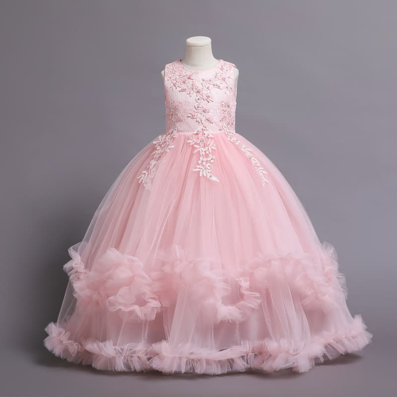 Children's Formal Dress Medium-Length Gown Summer Girls Wedding Dress Embroidered Mesh Princess Puffy Skirt Performance Host
