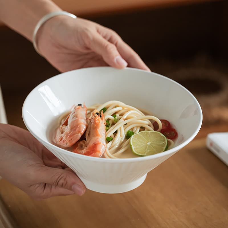 Retro style creative vertical pattern bamboo hat bowl solid color ceramic noodle bowl household bowl tableware vegetable bowl salad bowl personalized large bowl