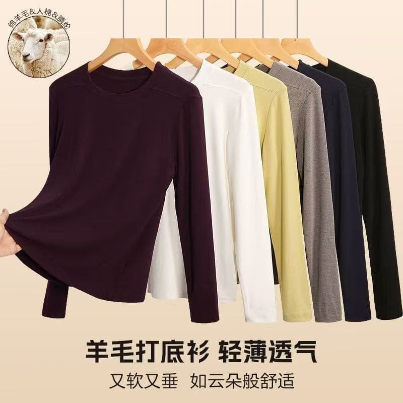 New spring and autumn 260g wool blouse long-sleeved solid color round neck pure cotton sweatshirt women's long-sleeved pullover bottoming sweatshirt