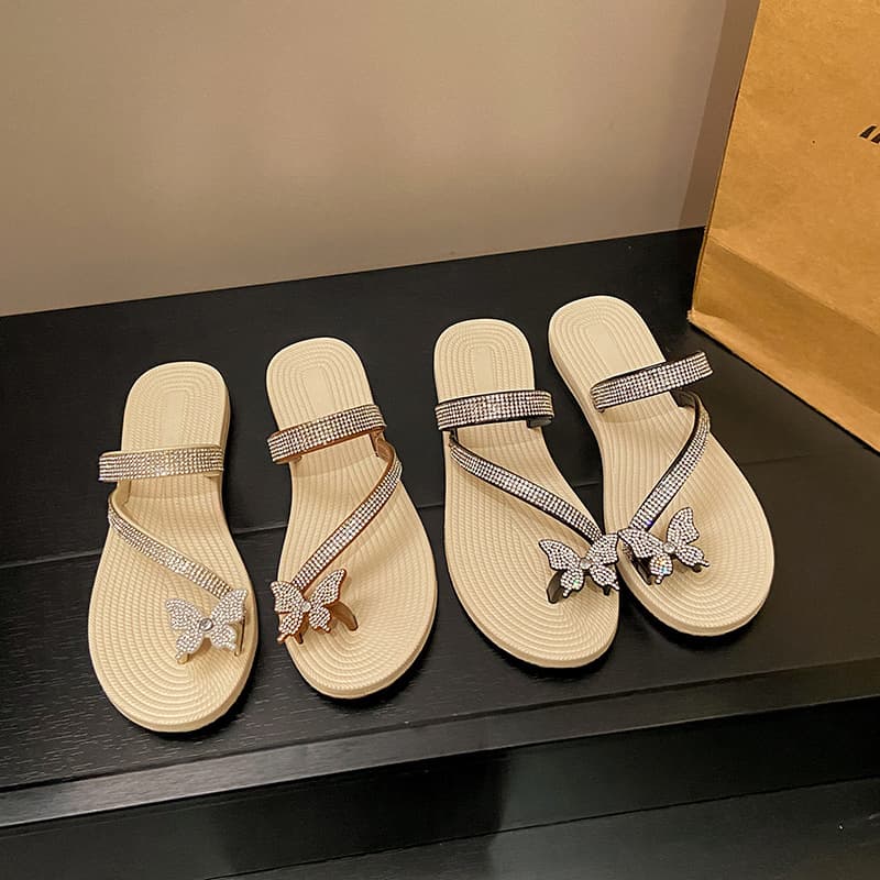 2025 New High-End Bow Sandals for Women to Wear Outside Summer French Thick-Soled Rhinestone Slip-On Slippers for Women