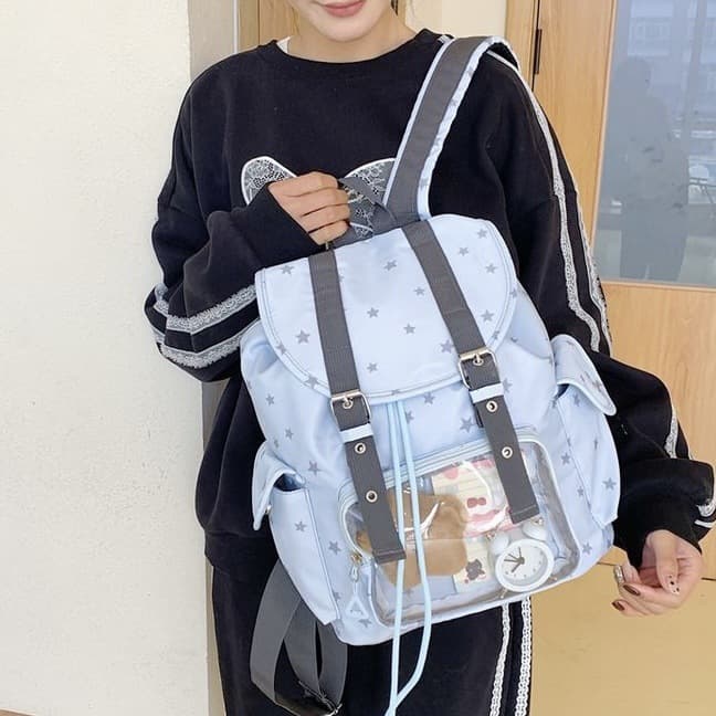 Korean version of ins star backpack female niche design student bag large capacity transparent pain bag casual backpack